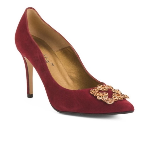 NWT Renatta JOP Burgundy Made In Spain Suede Pumps Heels With Rhinestones Sz 39 - Picture 1 of 15